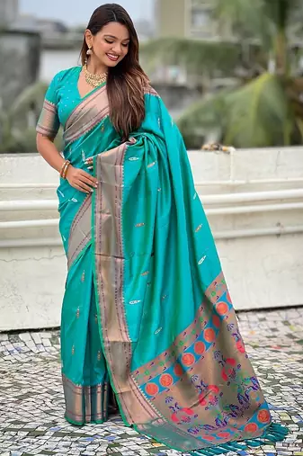 Teal green woven self design pure silk paithani saree with blouse