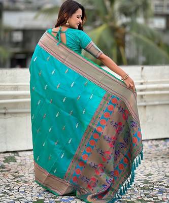 Teal green woven self design pure silk paithani saree with blouse 5