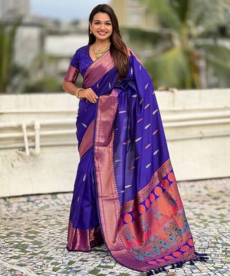 Violet woven self design pure silk paithani saree with blouse 1