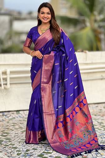 Violet woven self design pure silk paithani saree with blouse