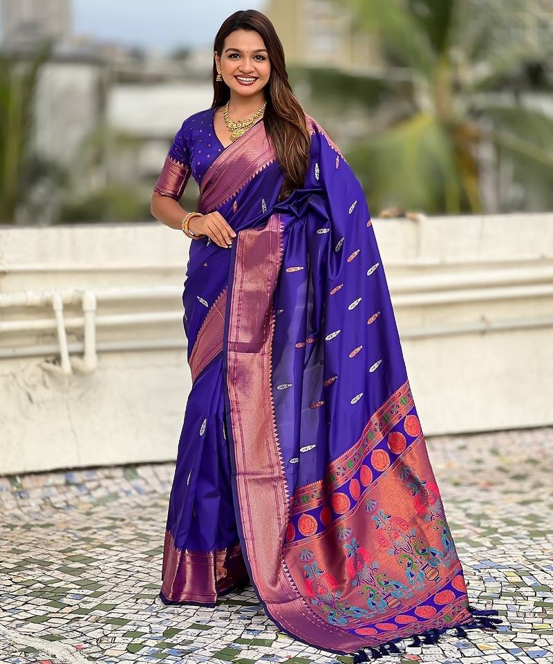 Violet woven self design pure silk paithani saree with blouse