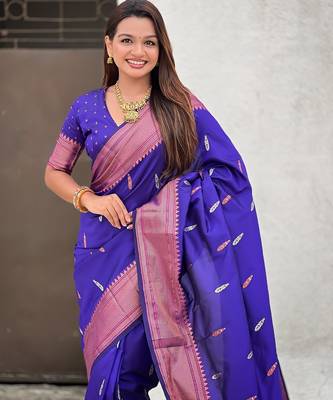 Violet woven self design pure silk paithani saree with blouse 2