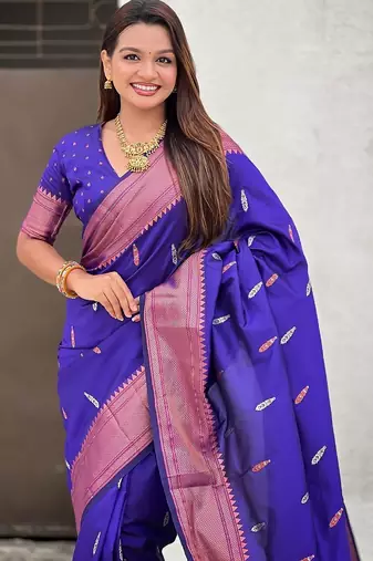 Violet woven self design pure silk paithani saree with blouse