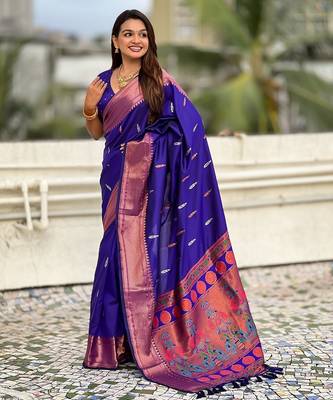 Violet woven self design pure silk paithani saree with blouse 3