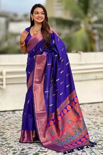 Violet woven self design pure silk paithani saree with blouse