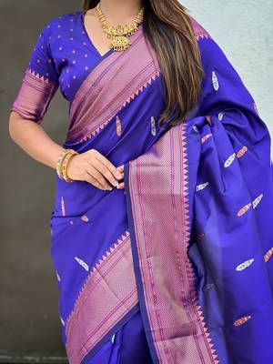 Violet woven self design pure silk paithani saree with blouse 4