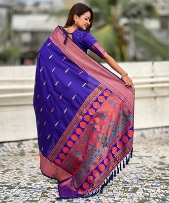 Violet woven self design pure silk paithani saree with blouse 5