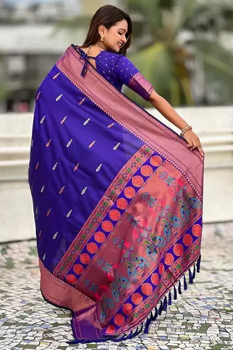 Violet woven self design pure silk paithani saree with blouse