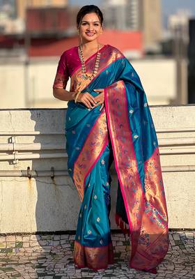Blue woven self design pure silk paithani saree with blouse 1