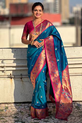 Blue woven self design pure silk paithani saree with blouse