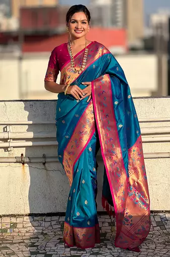 Blue woven self design pure silk paithani saree with blouse