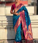 Blue woven self design pure silk paithani saree with blouse