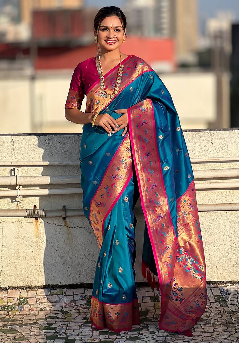 Blue woven self design pure silk paithani saree with blouse