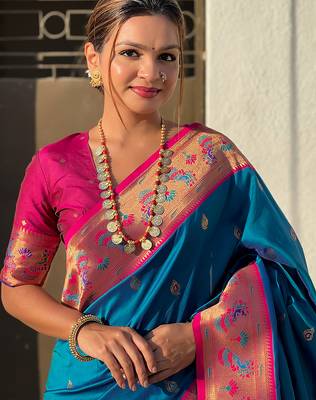 Blue woven self design pure silk paithani saree with blouse 2