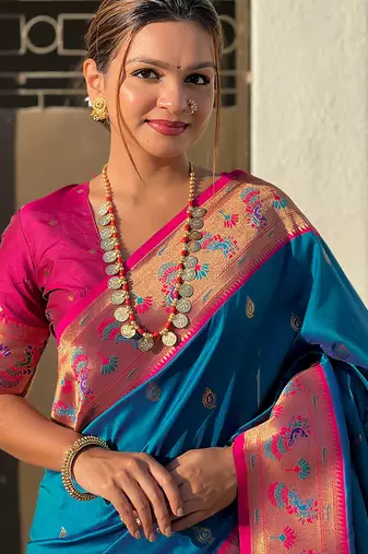 Blue woven self design pure silk paithani saree with blouse