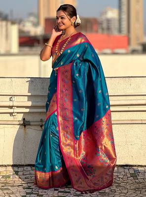 Blue woven self design pure silk paithani saree with blouse 3