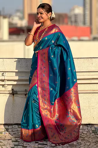 Blue woven self design pure silk paithani saree with blouse