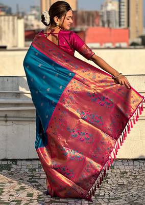 Blue woven self design pure silk paithani saree with blouse 4