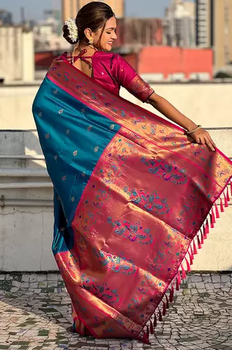 Blue woven self design pure silk paithani saree with blouse