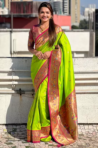 Lime green woven self design pure silk paithani saree with blouse