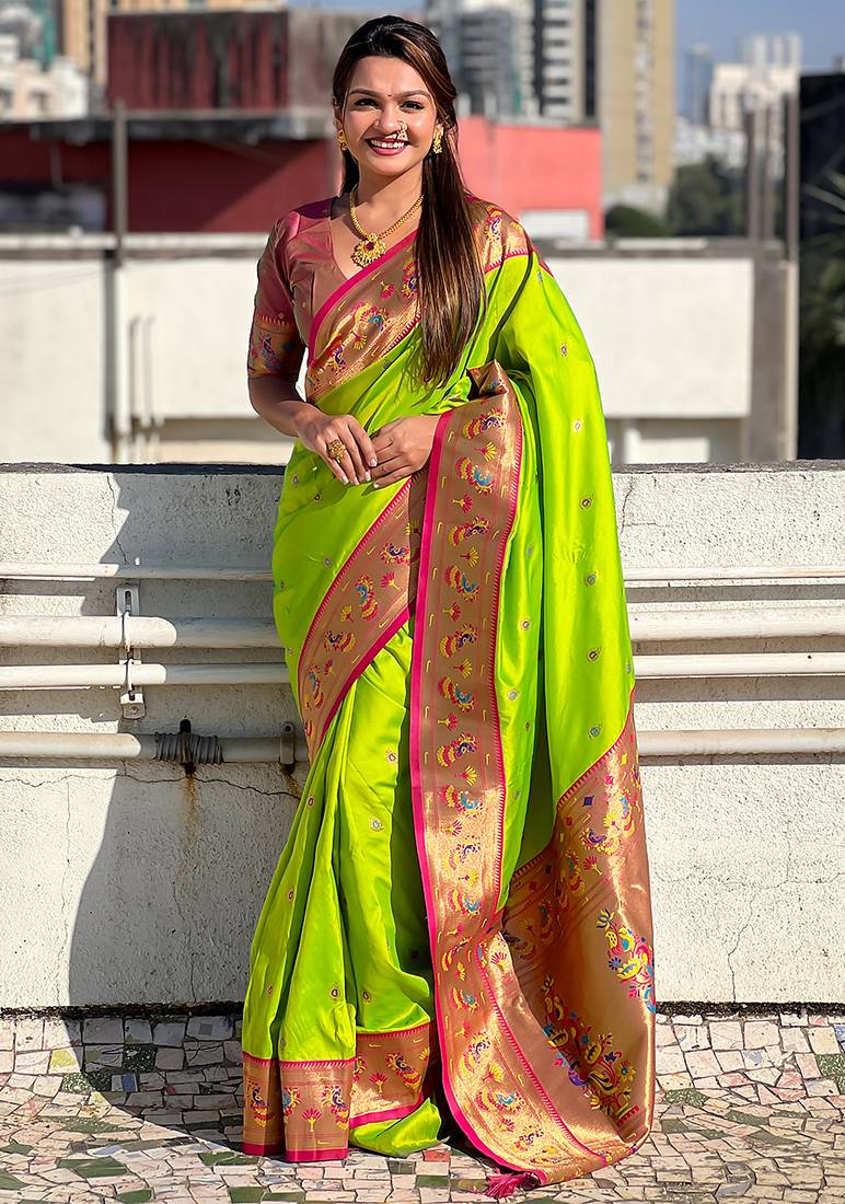 Lime green woven self design pure silk paithani saree with blouse
