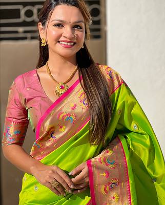 Lime green woven self design pure silk paithani saree with blouse 2