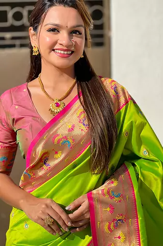 Lime green woven self design pure silk paithani saree with blouse