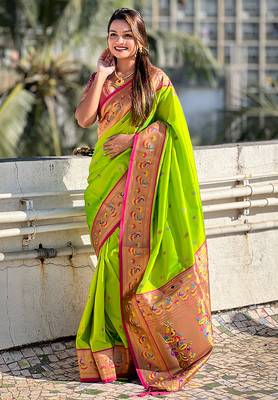 Lime green woven self design pure silk paithani saree with blouse 3
