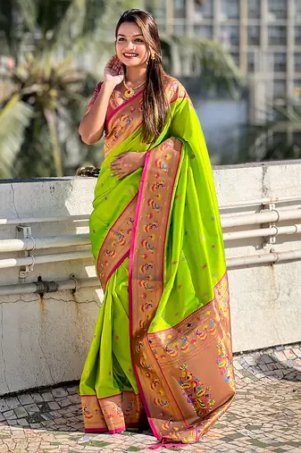 Lime green woven self design pure silk paithani saree with blouse
