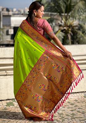 Lime green woven self design pure silk paithani saree with blouse 4