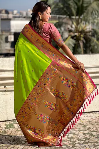 Lime green woven self design pure silk paithani saree with blouse