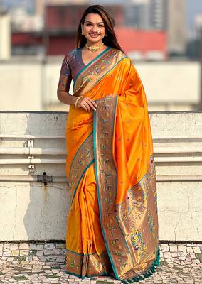 Orange woven self design pure silk paithani saree with blouse 1