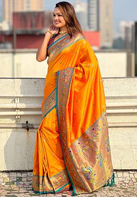 Orange woven self design pure silk paithani saree with blouse 3