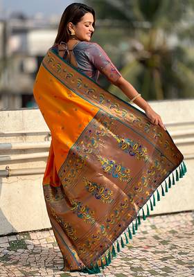Orange woven self design pure silk paithani saree with blouse 4