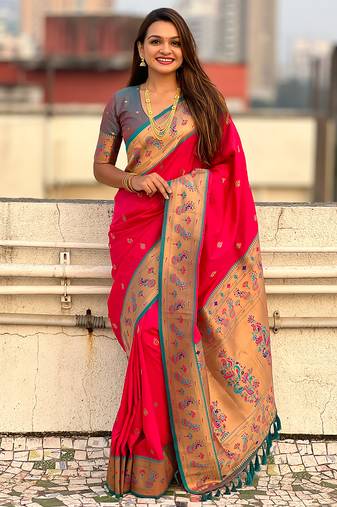 Pink woven self design pure silk paithani saree with blouse
