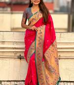 Pink woven self design pure silk paithani saree with blouse