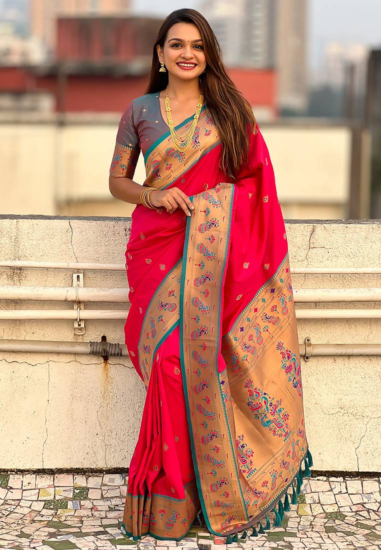 Pink woven self design pure silk paithani saree with blouse