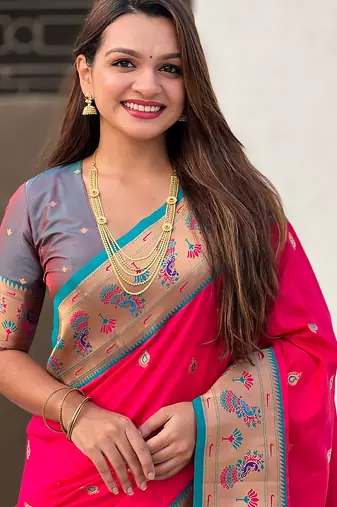 Pink woven self design pure silk paithani saree with blouse