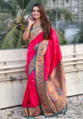 Pink woven self design pure silk paithani saree with blouse 3