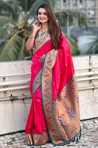 Pink woven self design pure silk paithani saree with blouse