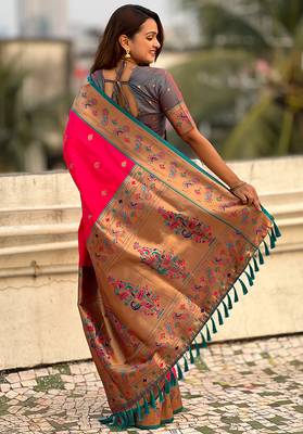 Pink woven self design pure silk paithani saree with blouse 4