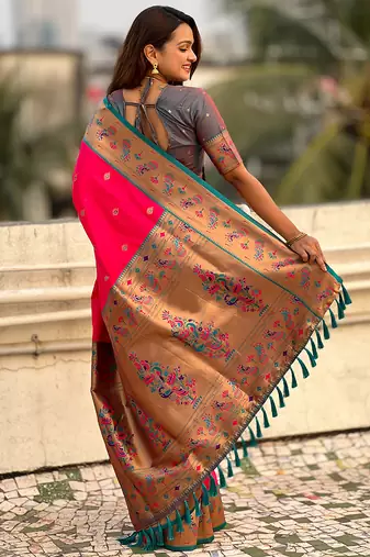 Pink woven self design pure silk paithani saree with blouse