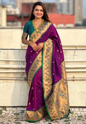 Purple woven self design pure silk paithani saree with blouse 1