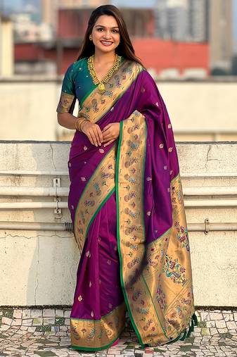 Purple woven self design pure silk paithani saree with blouse