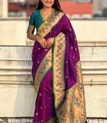 Purple woven self design pure silk paithani saree with blouse