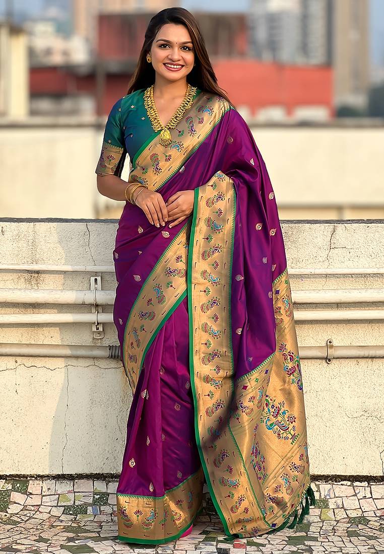 Purple woven self design pure silk paithani saree with blouse