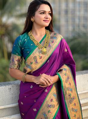 Purple woven self design pure silk paithani saree with blouse 2