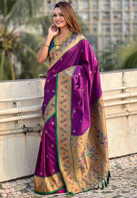 Purple woven self design pure silk paithani saree with blouse 3
