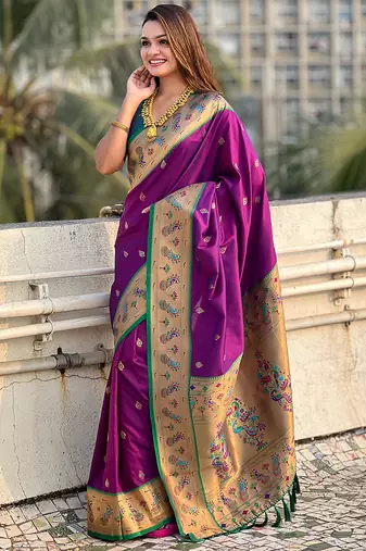 Purple woven self design pure silk paithani saree with blouse