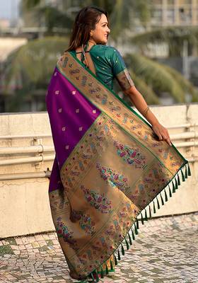 Purple woven self design pure silk paithani saree with blouse 4